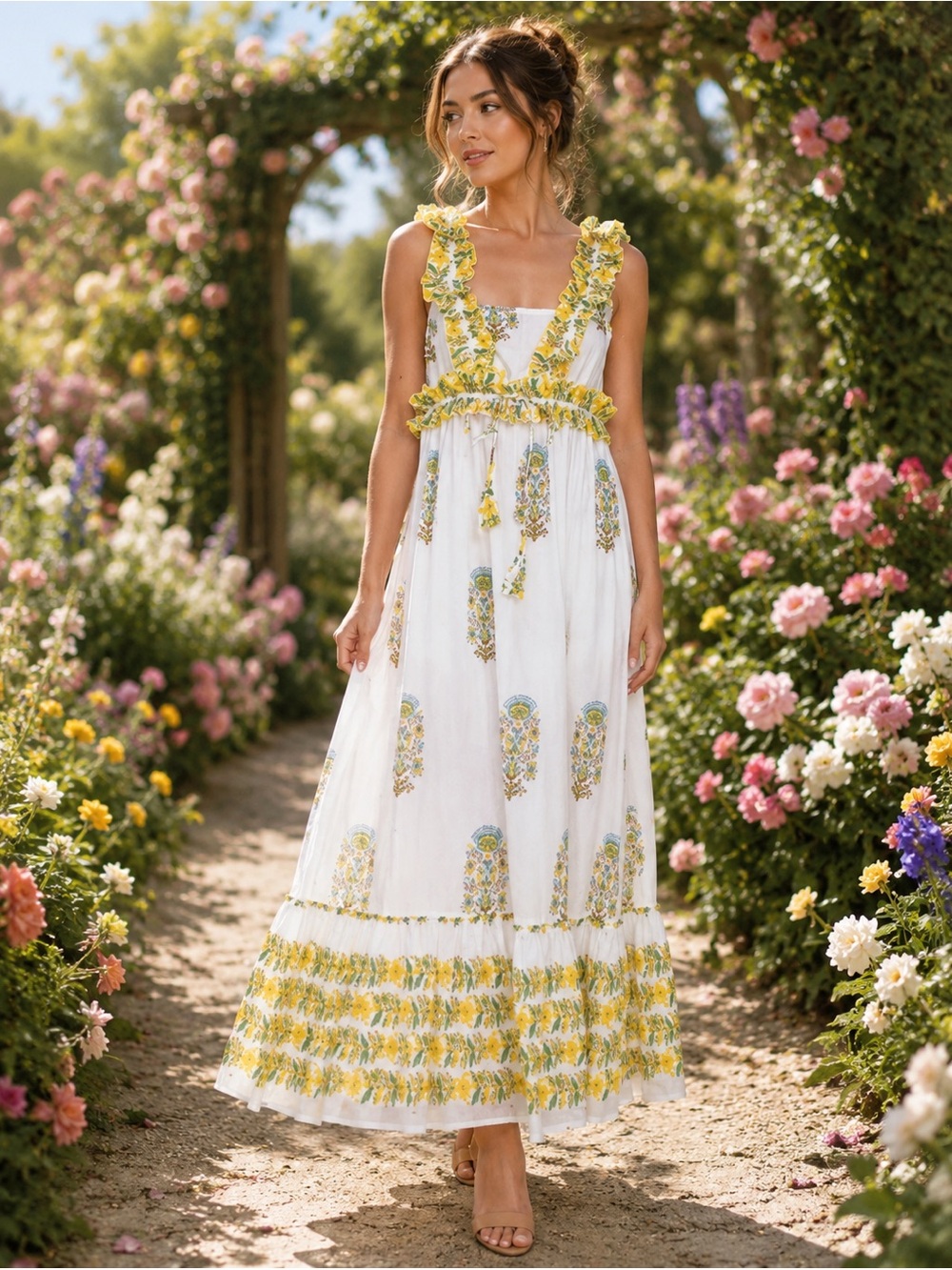 Floral White and Yellow Maxi Dress with Ruffle Straps